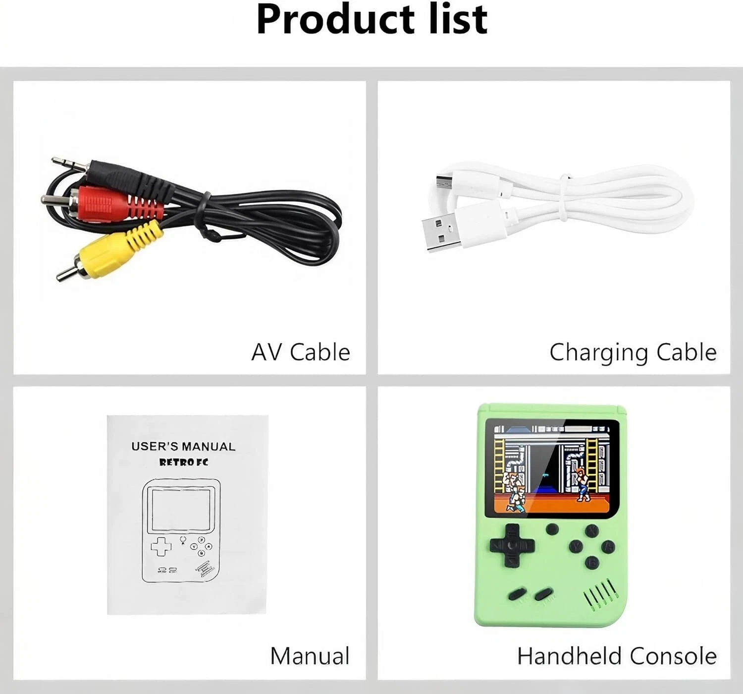 What's included: AV Cable, Charging Cable, User Manual, and Handheld Console